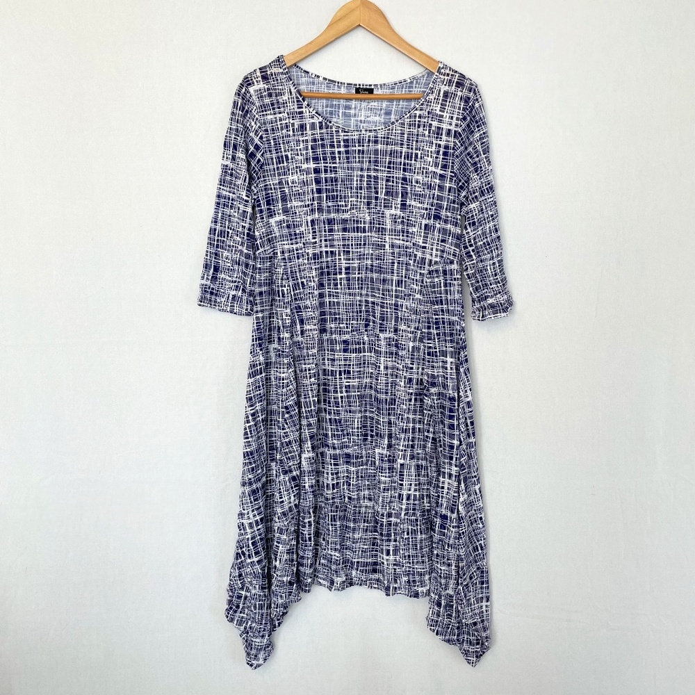 SHANA Women's XS Blue White Dress Elbow Sleeves Handkerchief Hem Modest